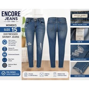 Encore Jeans Womens Size 15 Distressed Skinny Jeans Medium Wash Raw Hem 8148F
